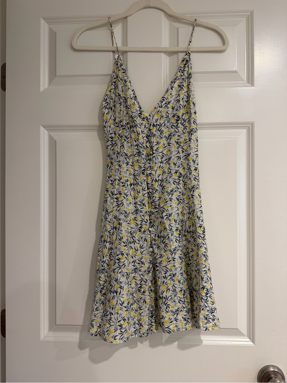 H&M White Floral Midi Dress with Yellow & Navy Leaf Print